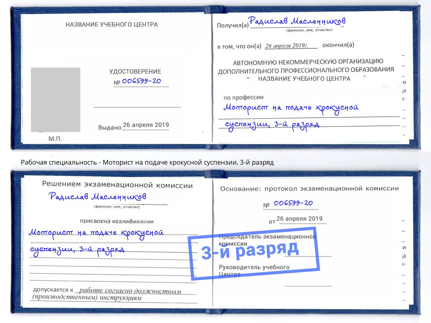 корочка 3-й разряд Моторист на подаче крокусной суспензии Казань