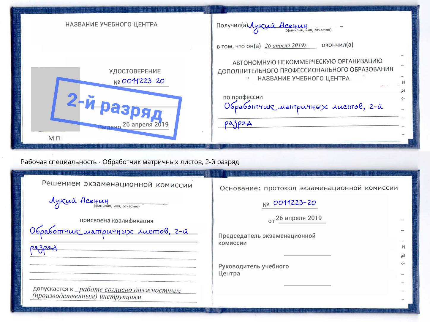 корочка 2-й разряд Обработчик матричных листов Казань